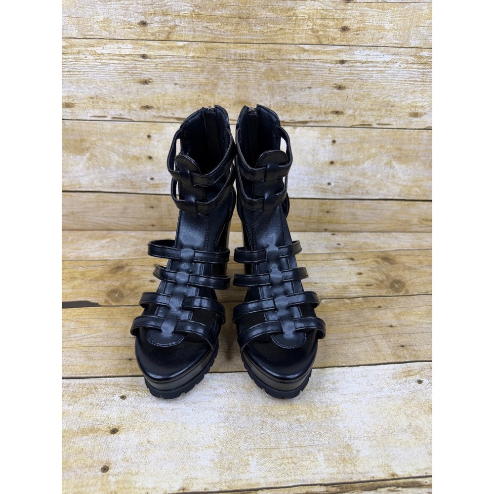 Black Caged Gladiator Platform Block Heel Sandals Lug Sole EU 38 Womens 7.5 - Picture 2 of 8